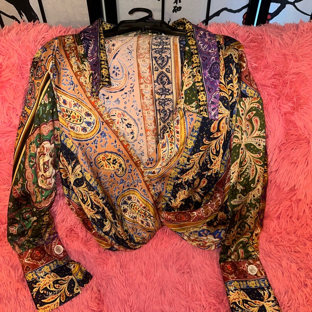 Zara satin Paisley Print long sleeve cropped Top